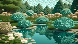 Contemplative and realist photo of 3D geometric flowers. Background is a garden with a lake. Colors are light blue, light brown and light green.