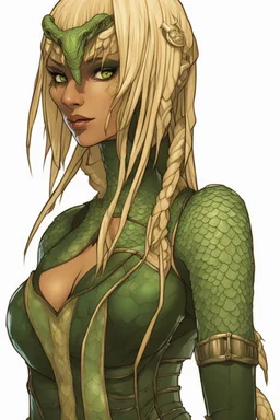 female snake humanoid, green scales, wearing a black leather armor, dungeons and dragons