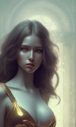 sexy curvy model , cute, beautiful, long hair, wavy hair, curly hair، black eyes, full body, Transparent nightgown، cinematic, 8k, resolution concept art portrait by Greg Rutkowski, Artgerm, WLOP, Alphonse Mucha dynamic lighting hyperdetailed intricately detailed