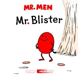 make a Mr. Men children's book cover for text "Mr. Blister" with a simple color drawing of a whimsical anthropomorphic red pulsing sore, Mr. Men aesthetic, in style of Roger Hargreaves, negative white space