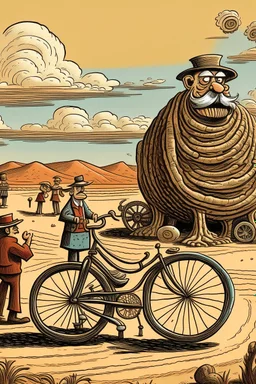 giant old bicycle with pepe on the top smoking in the desert with small people around in the style of Hiroshi Nagai