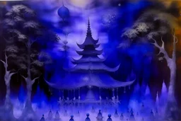 A purple outer space with ghosts of illusion designed in Javanese shadow puppets painted by George Inness