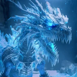 Giant horrific zombie dragon made of bones and ice, covered with glowing blue slime, photorealistic, unreal engine 5, masterpiece, trending on artstation