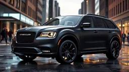 "Design a 2024 Chrysler 300C SUV concept, blending the elegance of the sedan with a rugged SUV form. Feature a bold front grille, aggressive headlights, and muscular body lines. The SUV should have a slightly lowered stance, blacked-out wheels, and a matte black finish with chrome accents. Set it in a dusk cityscape with wet streets reflecting the lights, highlighting its powerful and luxurious presence."