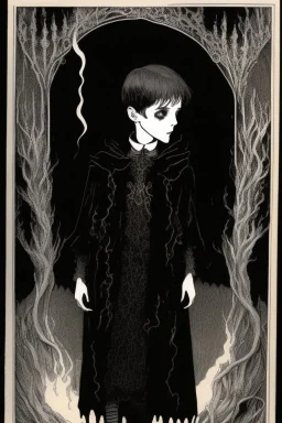 7 year old boy, necromancer, friendly, looks dead, surrounded by weird smoke with eyes, wearing black robes, in the style of Harry Clarke