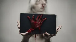 a woman's bloody hands holding up a black rectangular box