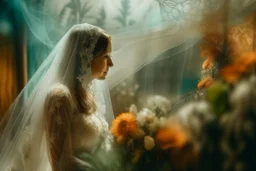 wedding, veil, flowers, blur 5%, double exposure, merged layers, in the first part (near to us) of the picture you can see a plain sandblown smoked glass, engraved with a folk art pattern, the glass is cracked in several places, in some places the glass is broken, crumpled burlap, through it you can see a tropical rainforest with a waterfall, mist, tooth, sunrise