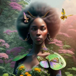 butterfly black woman in a garden, colorful, intricate, elegant, highly detailed, digital painting, artstation, concept art, smooth, sharp focus, illustration, art by artgerm and greg rutkowski and alphonse mucha