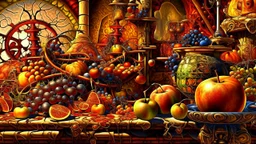 Apples. Pears. Grapes. Dishes. Oranges. Wood table. Coffee pot. Castle. Machines. Jungle. Lake. Tunnel. Tiguers. Lions. Snakes. Horses