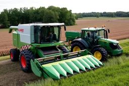 Parked at the edge of a field is a Claas brand Combine and a John Deere Tractor seeder