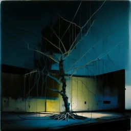 Minimal abstract oil painting of a tree in concrete warehouse brutalist architecture and hanging wires illuminated at night. triadic colours. In the style of Justin Mortimer, Ashley Wood