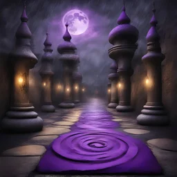 Hyper Realistic Sufi Whirling with Black, & Purple Islamic Sufi Rustic Grungy Stone-Path at rainy night
