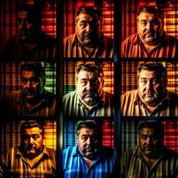 vintage photos glued into a comic book arranged in panels, in each panel is a (photorealistic) sad, depress, fat, overweight man, perfect compostition, hard lighting, extreme shadows