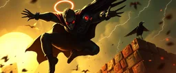 vampire cyberpunk action scene, acrobatic dodge, cape harlekin, spider venom, sun glasses, sinner, spirit, halo, will o wisp, crow