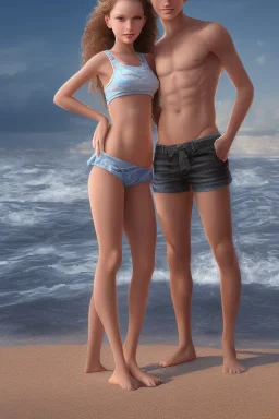 full body image of a beautiful 12 year old girl and a beautiful 12 year old boy with long, blonde curly hair and light blue eyes, smiling, shirtless, in front of an distant beach, 8k