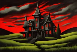 vintage silly brush stroke dark surrealist abstract painting of a gothic house on a hill (((grass with human hands for blades of grass))) gloomy day horror atmosphere