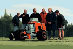 Swedish people stand and watch giant robots fighting in background , cartoon style Simon Stålenhag