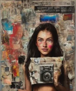 happy beautiful girl holding big proffesional camera in studio. street art, oil on canvas, spray paint, collage, letters, newspapeers, Dave McKean, Vladimir Fedotko, Saturno Butto, Vaughn Bodé, Frank Wu, James C. Christensen, collage, dirty, paint dripping, radiant