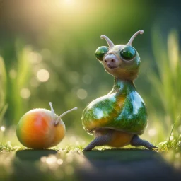 snail gremlin t-pose upper body of bear made from tinted murano glass in long grass inspecting a melon ,bokeh like f/0.8, tilt-shift lens 8k, high detail, smooth render, down-light, unreal engine,bokeh like f/0.8, tilt-shift lens 8k, high detail, smooth render, down-light, unreal engine