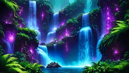 A fantastical, illuminated waterfall scene in a lush, dense jungle. Multiple waterfalls cascade down various levels of rocks, creating a serene and magical atmosphere. The entire scene is bathed in a blue and purple glow, with numerous small, glowing lights scattered throughout the foliage and water, giving the impression of bioluminescent plants and water. The vibrant colors and ethereal lighting make the scene appear otherworldly and enchanting. High resolution digital concept art, 8k