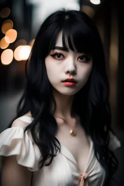 Tokyo Revenger . feminine . Wheaty skin. Dark brown eyes. White dress . Beautiful and attractive background. Light pink lip color. Long and black hair