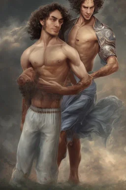 a single 50 year old man embraces a single, beautiful, smiling, shirtless 12 year old arabic boy with long, curly hair and light blue eyes