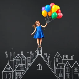 A girl in a blue dress standing tippy toe on the roof of building in chalk-drawn cityscape on a black board, holding a bunch of colorful primary colored balloons.She is standing on the roof of one of the houses, She appears carefree, soaring amidst the whimsical, artistic backdrop of houses.