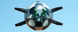 highly regular and hairy transparent soccer ball space ship with green alien director men inside, front flaps, ailrons, smiling welcoming