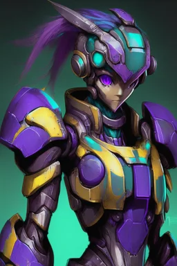 One Genderless Cyborg made of old rusted metal, has a human like face with a really long violet ponytail, they wear armor that is similar to Megaman. The color palatte of the armour is deep purple and yellow. They have Turquoise colured eyes. The Background is dark grey.