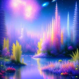 one big Cosmic crystal subtle in a galactic ambiance , blue lake, delicate flowers, delicate colors, bin the foreground, full of details, smooth，soft light atmosphere, light effect，vaporwave colorful, concept art, smooth, extremely sharp, masterpiece, best quality, blue skinned, sparkling,8k, , sun light, 8K, RAW, depth of field,high contrast,