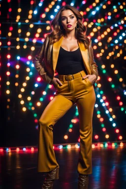 fullbody close up shot of young-beautiful-girl-with-a-perfect-face wearing pants and thight blouse and jacket stage disco lights