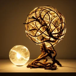 a gorgeous, stunning table lamp made of twisted, gnarled wood with illuminated globe of light hanging off one branch, biosphere, lamp cord, 8k resolution, high-quality, fine-detail, photorealistic, intricate, digital art, detailed matte, volumetric lighting, illustration, 3D octane render, brian froud, howard lyon, selina french, anna dittmann, annie stokes, lisa parker, greg rutowski, George Grie, Ben Goossens, Igor Morski