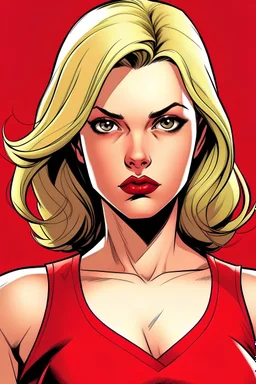 Female, looking serious, in a red dress, with blond hair in a comic style