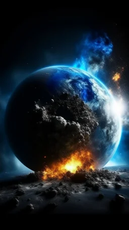 critical point abstract planet earth colliding with the moon in a big crash explosion in the sky