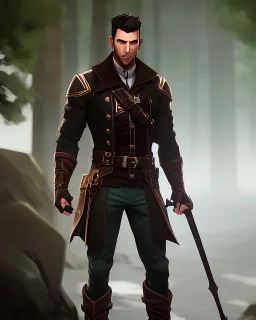 muscular male ranger, slender build, leather pants, black fur boots, belt, brown leather hood, short beard and mustache, long brown hair, stoic, bow, green eyes, eyes are both in proportion, 3/4 look, standing, dark cobblestone alley, forest, intense, non-photorealistic rendering in the art style of j.scott campbell