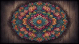 Hyper Realistic colorful cross stich mandala pattern on dark rustic grungy background with vignette effect