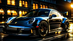 Image of a porsche GT3 922 , Jet Black colour . unreal engine , photorealistic , hyper realism , 4K , UHD , Studio Quality Lightning , Cinematic Scene . photo from far sight