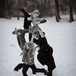 high resolution photography with a 3 5 mm f / 2 2 lens of a family dancing in the snow, fine art photography and very detailed