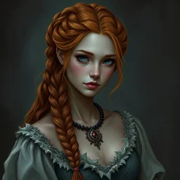 a pretty fantasy woman, young, braided ginger hair, maternal, dark fantasy art