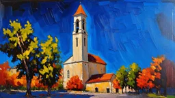Impressionist painting of a church with a tall bell tower under a dark, textured blue sky.