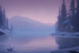 Concept art of Lake Dorothy, Washington, at night during winter by Ignis Bruno