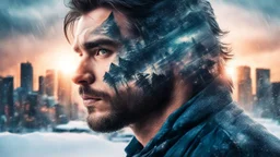double exposure, portrait Man Wolf blending, city, sunset, snow, rain, fantasy, mystical, tattoo, vertical pupils, high detail, high resolution, 8K