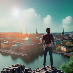 full body photography of hipster, theme art, light happy atmosphere, 8K, clouds and sun, ignore NSFW, full body image, Stockholm in the background, illustration, vector