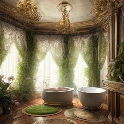 a gorgeous, stunning spa with gauzy curtains, ornate bath, dark wood floor, decorative foliage, plants, candles, flowers, tranquil, 8k resolution, high-quality, fine-detail, digital art, detailed matte, volumetric lighting, illustration, 3D octane render, brian froud, howard lyon, selina french, annie stokes, lisa parker, greg rutowski, alphonse mucha