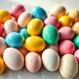 A hyperrealistic photograph, 16:9 aspect ratio, ultra-high resolution, showcasing a meticulously arranged cluster of Easter eggs on a surface. The eggs, vibrant and glossy, exhibit a spectrum of spring colors: sunflower yellow, robin's egg blue, fuchsia pink, and emerald green, interspersed with speckled variations in ivory and cream. Each egg's shell displays subtle textural variations, reflecting the soft, natural light illuminating the scene. The light, a warm, dif