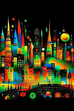 A gold futuristic city with multicolored neon lights painted by Joan Miro