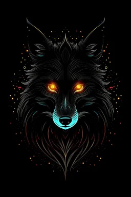 Captivating minimalist illustration of cosmic wolf, made up of intricately intertwined black flames. Her intense, bright eyes draw the viewer into her mesmerizing gaze, the pulsing energy of each flame creating a euphoric symphony within the heart. Dark background,the bright striped tail adds depth and dimension to the scene,evoking a feeling of dark fantasy, intriguing and mysterious aura. Vector pop art cinematic piece masterfully combines light and shadow, leaving the viewer in awe.Full body