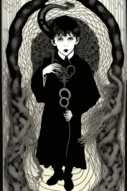 7 year old boy, necromancer, friendly, looks dead,with a lamprey serpent , wearing black robes, in the style of Harry Clarke