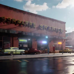 Ultra Realistic retro sci-fi afire Supermarket parking scene, 1960 year, blonde woman, sweet scarlet Johansson face, perfect iris, glow eyes, face makeup, tight latex coat; many panic people looking, Retro sci-fi style, soft color, highly detailed, unreal engine 5, ray tracing, RTX, lumen lighting, ultra detail, volumetric lighting, 3d, finely drawn, high definition, high resolution.