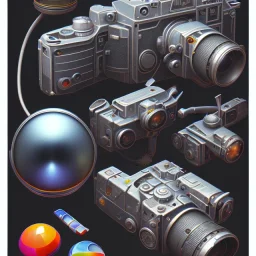 components of the camera laid out flat. poster design. high detailed. oil on canvas.